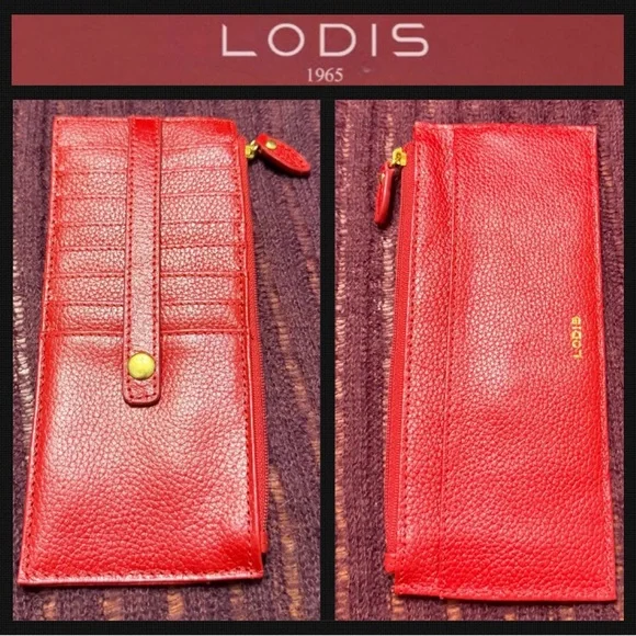 Lodis Red Leather Long Wallet slim Card & Zip Wallet with Gold tone accents - Picture 9 of 9